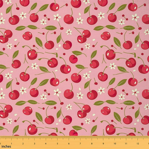 jejeloiu Kawaii Cherry Fabric by the Yard 1 Yard,Rustic Flower Floralt Home Decor Fabric by the Yard,Red Pink Green Sewing Fabric For Children,Breathable Home Decor