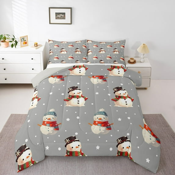 jejeloiu Kawaii Christmas Rsnowmen Bedding Comforter Set,Merry Xmas Twin Comforter Sets,Happy New Year Bedding Set For Girls,Microfiber Bedroom Decor Reversible,2 Pieces