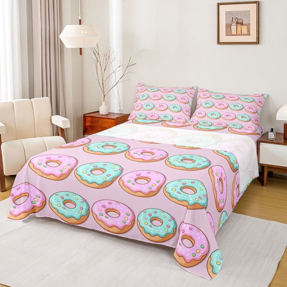 jejeloiu Kawaii Colorful Doughnut Twin Sheet Sets,Sweet Dessert Theme Bedding For Girls Kids 3pcs