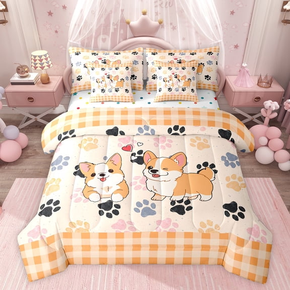 jejeloiu Kawaii Corgi 7pcs Bedding Comforter Set,Pet Puppy Dogs Queen Bedding Sets,Orange Plaid Checkered Queen Sheet Sets For Teens,Microfiber Bedroom Decor Reversible