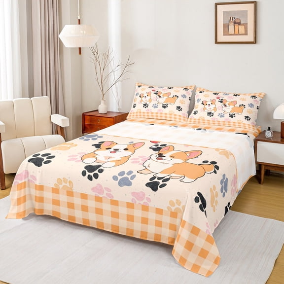 jejeloiu Kawaii Corgi Queen Sheet Sets,Pet Puppy Dogs Flat Sheet,Orange Plaid Checkered Queen Fitted Sheet For Teens,Microfiber Bedroom Decor,4-Piece