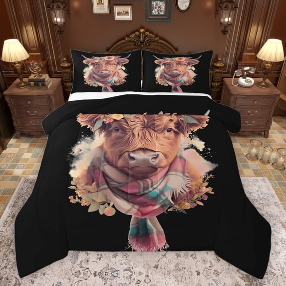 jejeloiu Kawaii Cow Cattle Full Size Comforter Sets,Farm Animal Bedding Comforter Set,Brown Black Bedding Sets For Boys Kids,Luxury Bedroom Decor Reversible,3-Piece