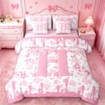 thumbnail image 1 of jejeloiu Kawaii Cow Print Cowgirl Boot 7-Piece Bedding Comforter Set For Kids,Girly Bow Monogrammed H King Bedding Sets For Girls,Pink Reversible, 1 of 7
