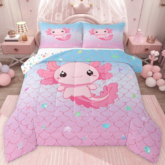 jejeloiu Kawaii Cute Axolotl Twin Comforter Sets,Pink Mermaid Pattern Bedding Set For Animals Lover Reversible 2 Pieces