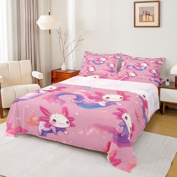 jejeloiu Kawaii Cute Axolotl Twin Sheet Sets,Pink Sea Animal Bedding For Salamander Lover 3 Pieces