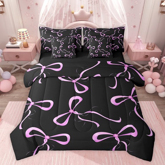 jejeloiu Kawaii Cute Bowknot 7-Piece Twin Bedding Sets,Chic Ribbon Bow Tie Bedding Comforter Set,Pink Black Sheet Sets For Girls,Microfiber Bedroom Decor Reversible