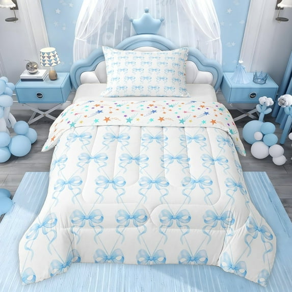 jejeloiu Kawaii Cute Bowknot Twin Comforter Sets,Blue Bows Bedding Set For Bowtie Lovers Reversible 2-Piece
