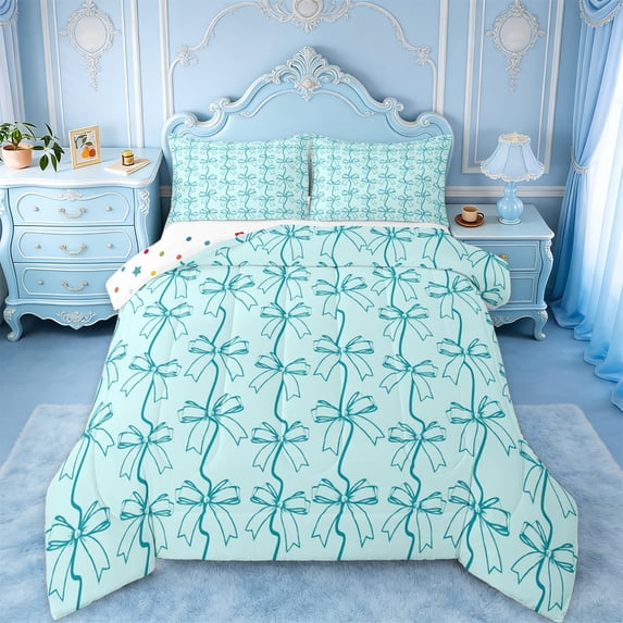 jejeloiu Kawaii Cute Bowtie Twin Comforter Sets,Cyan Lovely Bow Bedding Set For Girls Reversible 2pcs
