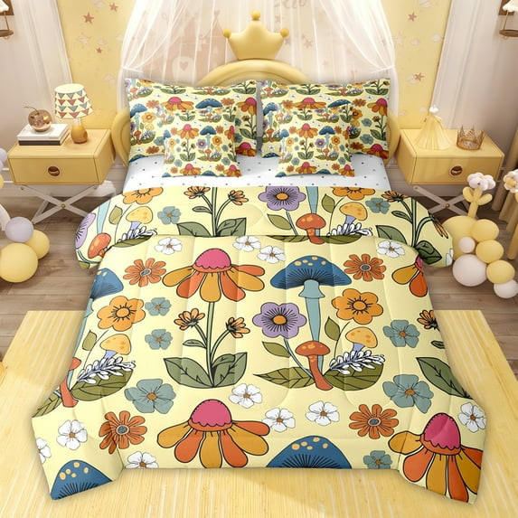 jejeloiu Kawaii Cute Flower 7-Piece Bedding Comforter Set,Cartoon Fungus Mushroom King Bedding Sets For Kids Reversible
