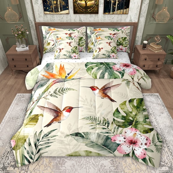 jejeloiu Kawaii Cute Hummingbird 7-Piece Bedding Comforter Set,Tropical Monstera Leaf King Bedding Sets For Girls Teens Reversible