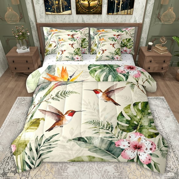 jejeloiu Kawaii Cute Hummingbird 7-Piece Twin Bedding Sets,Tropical Monstera Leaf Bedding Comforter Set For Girls Teens Reversible