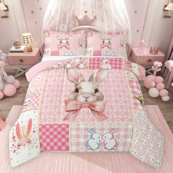 jejeloiu Kawaii Cute Rabbit Full Size Comforter Sets,Cartoon Bow Knot Bow Bedding Comforter Set,Pink Plaid Chekcered Bedding Sets For Girls Kids,Ultra Soft Home Decor Reversible,3pcs