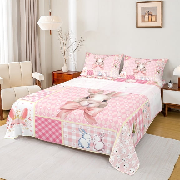 jejeloiu Kawaii Cute Rabbit Full Size Sheets,Cartoon Bow Knot Bow Bed Sheets,Pink Plaid Chekcered Sheet Sets For Girls Kids,Ultra Soft Home Decor,4pcs