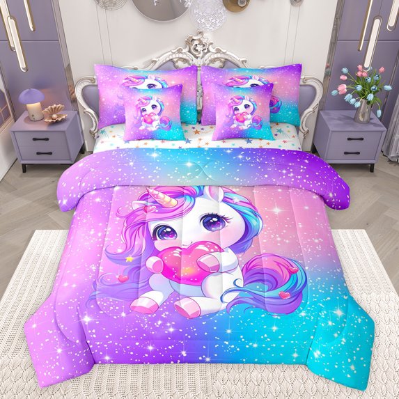 jejeloiu Kawaii Cute Unicorn 7-Piece Twin Bedding Sets,3D Caroon Loves Bedding Comforter Set,Dreamy Fairy Tale Theme Sheet Sets For Girl,Breathable Home Decor Reversible