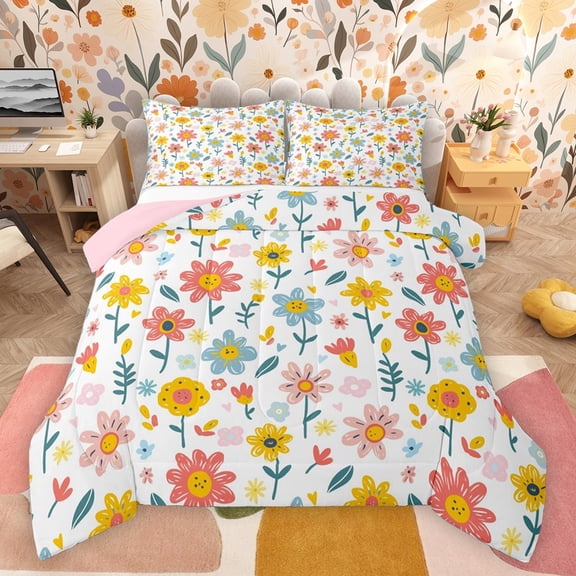 jejeloiu Kawaii Daisy Bedding Comforter Set,Cartoon Graffiti Flower Twin Comforter Sets,Multicolor Floral Bedding Set For Girls Teens,Microfiber Bedroom Decor Reversible,2pcs