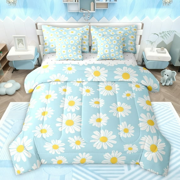 jejeloiu Kawaii Daisy Blossom 7pcs Bedding Comforter Set,Cartoon Flower Florak Queen Bedding Sets,White Blue Queen Sheet Sets For Kids,Ultra Soft Home Decor Reversible