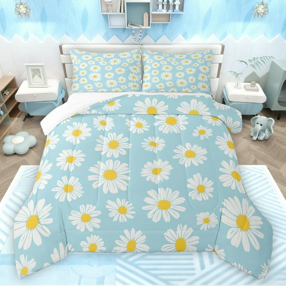 jejeloiu Kawaii Daisy Blossom Full Size Comforter Sets,Cartoon Flower Florak Bedding Comforter Set,White Blue Bedding Sets For Kids,Ultra Soft Home Decor,3pcs