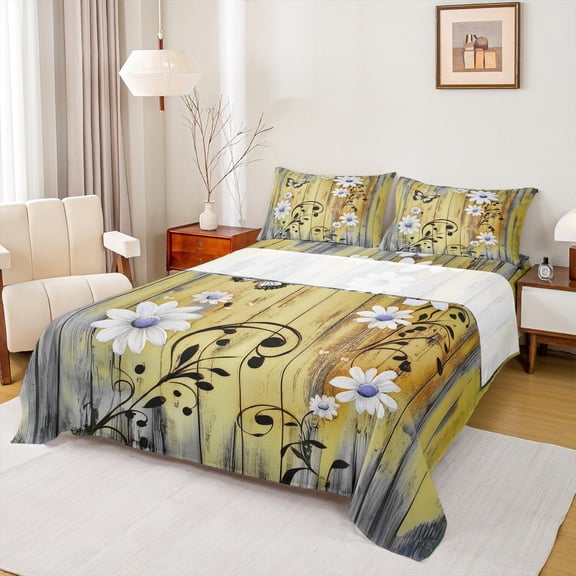 jejeloiu Kawaii Daisy Flower Twin Sheet Sets,Rustic Farmhouse Cabin Twin Fitted Sheet,Yellow Gray White Flat Sheet For Men Women,Ultra Soft Home Decor,3pcs
