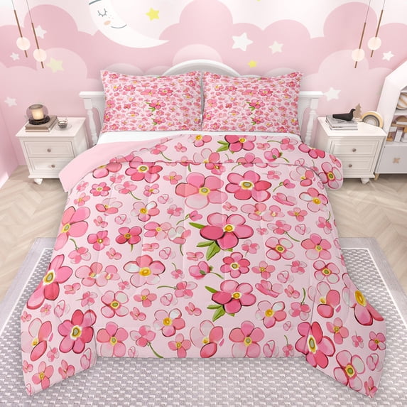 jejeloiu Kawaii Daisy Queen Comforter Set,Cartoon Peach Blossom Bedding Sets,Pink Flower Floral Bedding Comforter Set For Girls Teens,Microfiber Bedroom Decor Reversible,3 Pieces