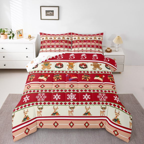 jejeloiu Kawaii Deer Cookie Queen Comforter Set,White Snowflake Bedding Sets,Merry Christmas Bedding Comforter Set For Teens,Ultra Soft Home Decor Reversible,3pcs