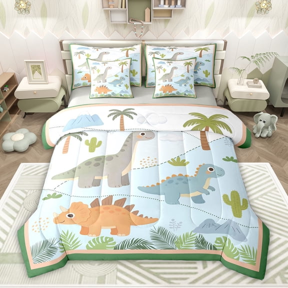 jejeloiu Kawaii Dinosaur 7pcs Bedding Comforter Set,Hawaii Coconut Tree Queen Bedding Sets For Dino Boys Reversible