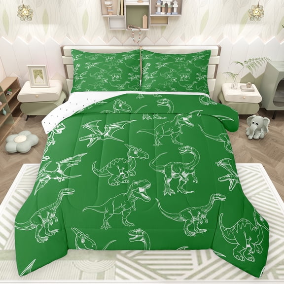 jejeloiu Kawaii Dinosaur Bedding Comforter Set,Cartoon Dino Twin Comforter Sets,Green White Bedding Set For Girls Kids,Breathable Home Decor Reversible,2-Piece