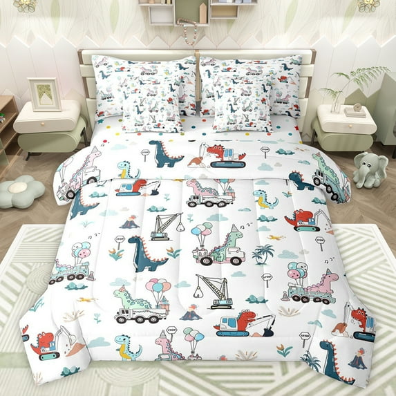 jejeloiu Kawaii Dinosaur Dino 7-Piece Bedding Comforter Set,Equipment Vehicle Excavator Crane King Bedding Sets,Multicolor Dino Balloon Bed Sheets For Boys,Luxury Bedroom Decor Reversible