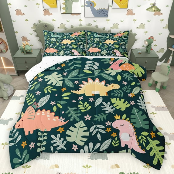 jejeloiu Kawaii Dinosaur Dino Full Size Comforter Sets,Cartoon Animal Bedding Comforter Set,Green Leaves Bedding Sets For Boys,Luxury Bedroom Decor Reversible,3 Pieces
