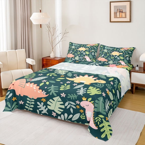 jejeloiu Kawaii Dinosaur Dino Twin Sheet Sets,Cartoon Animal Twin Fitted Sheet,Green Leaves Flat Sheet For Boys,Luxury Bedroom Decor,3-Piece