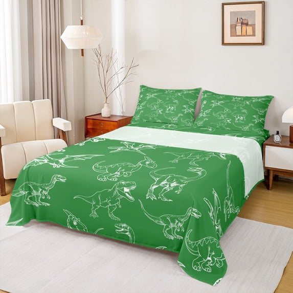 jejeloiu Kawaii Dinosaur Twin Sheet Sets,Cartoon Dino Twin Fitted Sheet,Green White Flat Sheet For Girls Kids,Breathable Home Decor,3-Piece