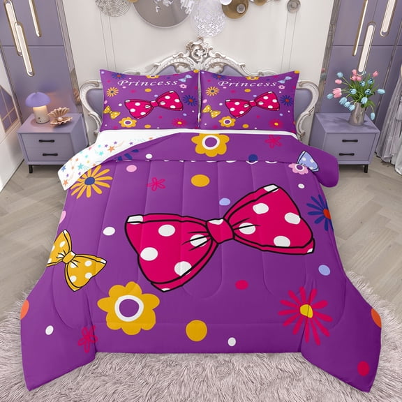 jejeloiu Kawaii Dots Bowtie Bedding Comforter Set,Cartoon Flower Twin Comforter Sets,Pink Purple Orange Bedding Set For Girl Kids,Luxury Bedroom Decor Reversible,2 Pieces