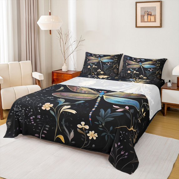 jejeloiu Kawaii Dragonfly Bed Sheets,Kawaii Flower Floral King Sheets For Girls Kids 4 Pieces