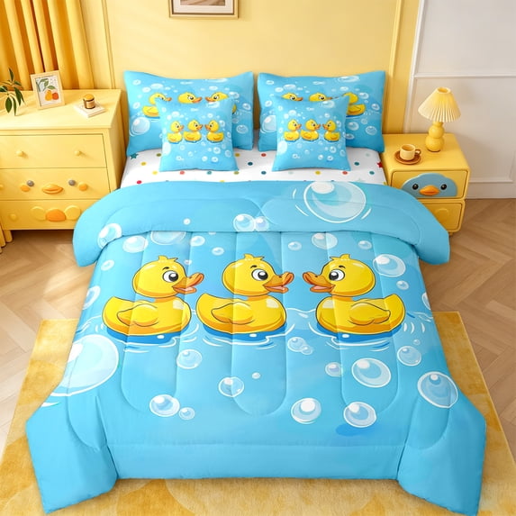 jejeloiu Kawaii Duck 7-Piece Twin Bedding Sets,Cartoon Farm Animal Bedding Comforter Set,Yellow Blue Sheet Sets For Girl Kids,Luxury Bedroom Decor Reversible