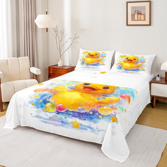 jejeloiu Kawaii Duck Bed Sheets,Rainbow Balloon King Sheets,Colorful Graffiti Sheet Set For Girl Kids,Luxury Bedroom Decor,4pcs