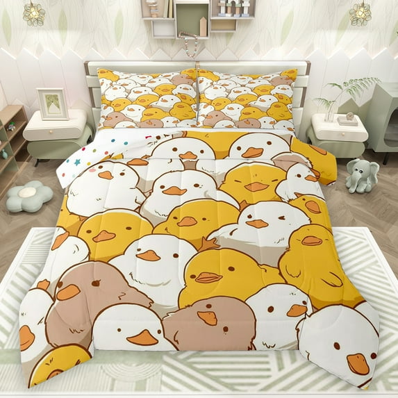 jejeloiu Kawaii Duck Bedding Comforter Set,Puppy Yellow Duck Twin Comforter Sets,Cartoon Animal Bedding Set For Girls Kids,Luxury Bedroom Decor Reversible,2-Piece