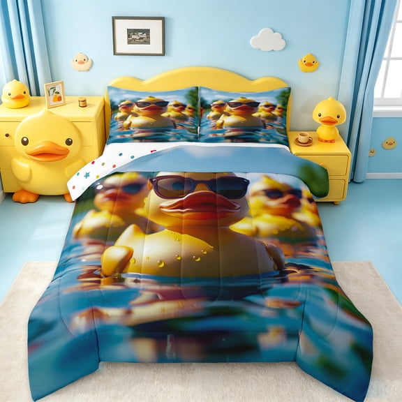jejeloiu Kawaii Duck Queen Comforter Set,Cartoon Animal Bedding Sets,Yellow Blue Bedding Comforter Set For Girl Kids,Luxury Bedroom Decor Reversible,3pcs