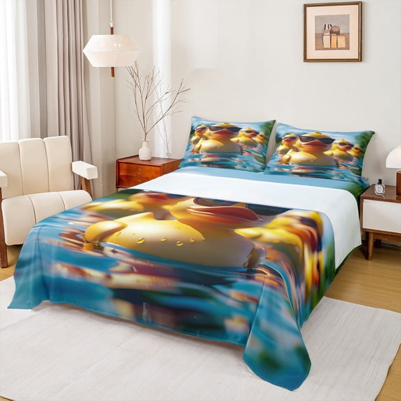 jejeloiu Kawaii Duck Queen Sheet Sets,Cartoon Animal Flat Sheet,Yellow Blue Queen Fitted Sheet For Girl Kids,Luxury Bedroom Decor,4pcs