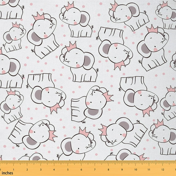 jejeloiu Kawaii Elephant Fabric by the Yard 1 Yard,Zoo Animal Home Decor Fabric by the Yard,Pink Crown Sewing Fabric For Children,Breathable Home Decor