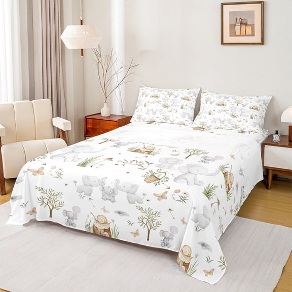 jejeloiu Kawaii Elephant Twin Sheet Sets,Rustic Farmhouse Cabin Twin Fitted Sheet,Cartoon Zoo Animal Flat Sheet For Boys Teens,Breathable Home Decor,3-Piece