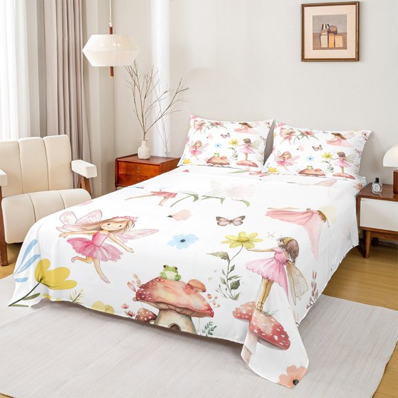 jejeloiu Kawaii Elf Twin Sheet Sets,Cartoon Mushroom Frog Twin Fitted Sheet,Colorful Butterfly Flower Flat Sheet For Girls,Breathable Bedroom Decor,3pcs