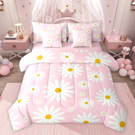 jejeloiu Kawaii Floral Daisy 7-Piece Bedding Comforter Set,Cartoon Flowers Blossom King Bedding Sets,White Pink Bed Sheets For Girls Teens,Super Cozy Room Decor Reversible