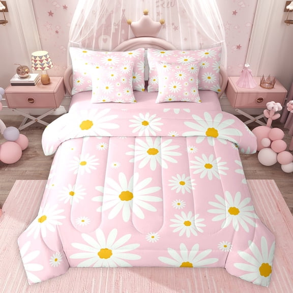 jejeloiu Kawaii Floral Daisy 7-Piece Twin Bedding Sets,Cartoon Flowers Blossom Bedding Comforter Set,White Pink Sheet Sets For Girls Teens,Super Cozy Room Decor Reversible