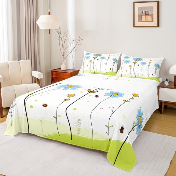 jejeloiu Kawaii Floral Daisy Bed Sheets,Cartoon Animal Ladybug King Sheets,White Green Blue Sheet Set For Girls Teens,Microfiber Bedroom Decor,4-Piece