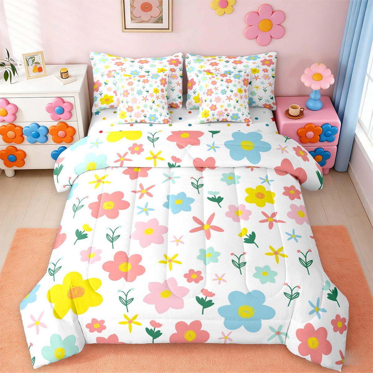 jejeloiu Kawaii Floral Daisy Bedding Comforter Set 7 Pieces,Botanical Flower Leaves Full Bedding Set,White Pink Yellow Fitted Sheet Flat Sheet For Girls,Breathable Bedroom Decor Reversible