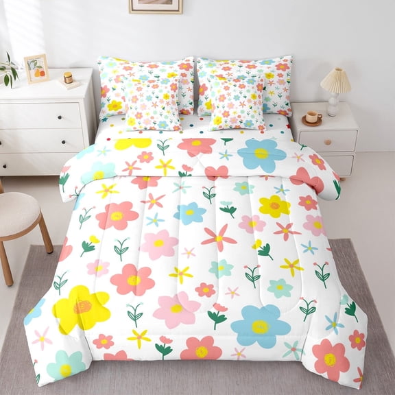 jejeloiu Kawaii Floral Daisy Bedding Comforter Set 7pcs,Botanical Flower Leaves Queen Bedding Sets,White Pink Yellow Queen Sheet Sets For Girls,Breathable Bedroom Decor Reversible
