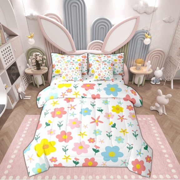 jejeloiu Kawaii Floral Daisy Twin Bedding Sets 7-Piece,Botanical Flower Leaves Bedding Comforter Set,White Pink Yellow Sheet Sets For Girls,Breathable Bedroom Decor Reversible
