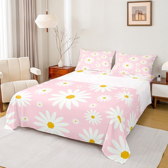 jejeloiu Kawaii Floral Daisy Twin Sheet Sets,Cartoon Flowers Blossom Twin Fitted Sheet,White Pink Flat Sheet For Girls Teens,Super Cozy Room Decor,3pcs