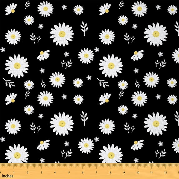 jejeloiu Kawaii Flower Floral Fabric by the Yard 10 Yards,Cartoon Daisy Room Decor Fabric by the Yard,White Black Sewing Fabric For Child,Breathable Home Decor