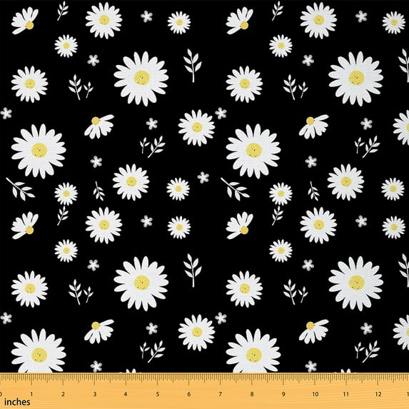 jejeloiu Kawaii Flower Floral Fabric by the Yard 5 Yards,Cartoon Daisy Fabric for Sewing,White Black Home Decor Fabric by the Yard For Child,Breathable Home Decor