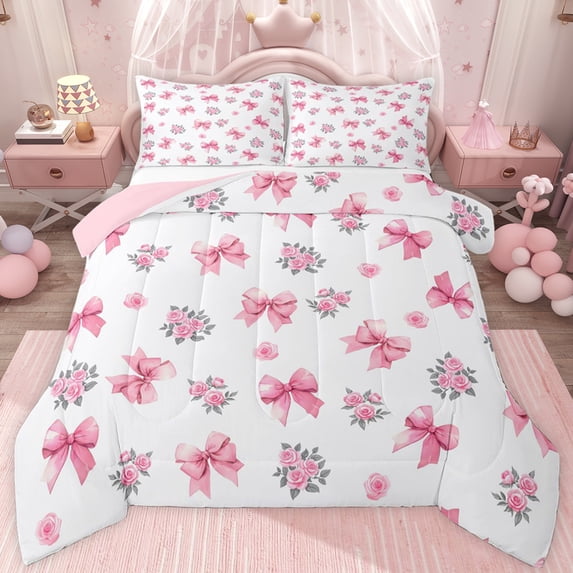 jejeloiu Kawaii Flower Floral Twin Comforter Sets,Cute Bowknot Ribbon Bedding Set For Girls Teens Reversible 2pcs